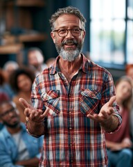 Obraz premium Confident public policy speaker making openhanded gestures engaging a diverse small community in a modern town hall with natural window light and blurred attentive attendees in the