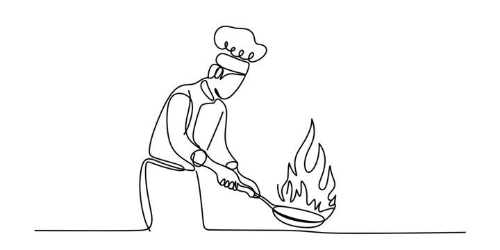 Continuous single line drawing of a professional chef cooking food in a frying pan with big fire flames in a restaurant kitchen for menu design Vector, illustration