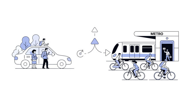 Conceptual Illustration of Sustainable Urban Mobility and Modal Shift from Private Car to Public Metro and Bicycle Transport