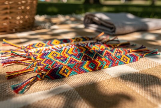 Colorful Woven Friendship Bracelets on a Blanket