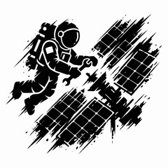 Astronaut repairing a satellite in outer space. © Dombo