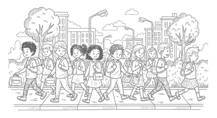 Obraz premium Children walking together in a city on a sidewalk with trees and buildings