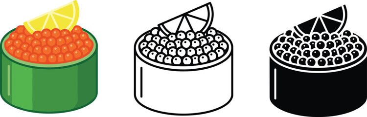 Sushi roll icon illustrations with fish roe topping, lemon slice, silhouette variations, outline drawings, and vector design concepts © Creative Stoker