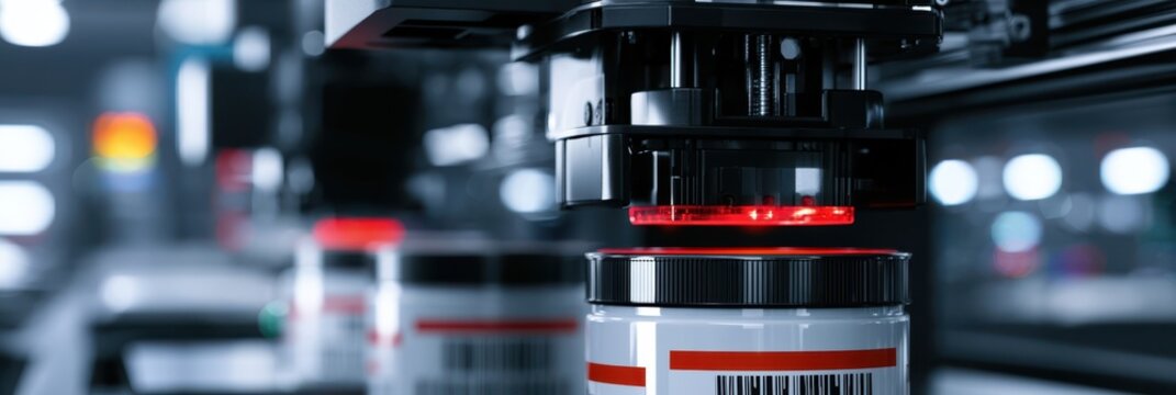 Closeup on thermal label printer actively printing safety labels on laboratory reagent drums highlighting the crisp print head movement against a softly blurred industrial