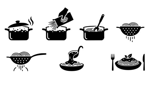 Step by step pasta cooking instruction solid black fill vector