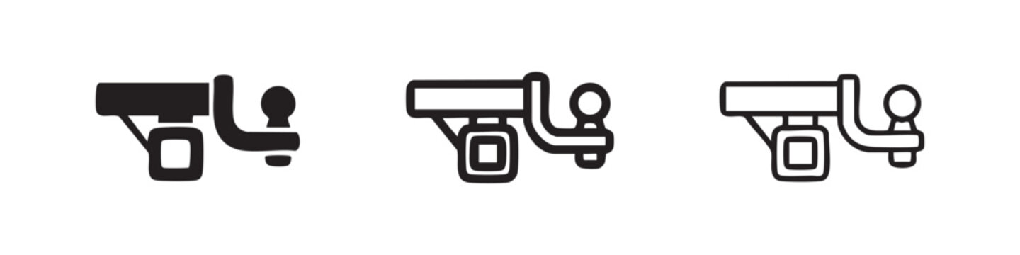 Trailer hitch or tow bar icon set for vehicles and towing in solid, bold, and thin outline styles.