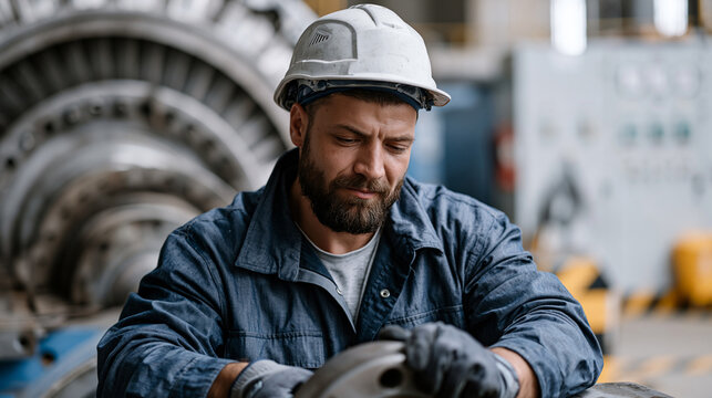Senior mechanical engineer using precision laser alignment tool on rotating equipment inside power generation facility, floor safety markings and PPE station visible, turbine housing and instrumenta