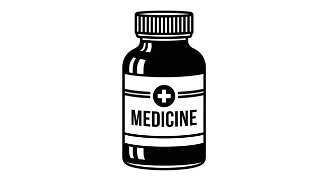 A medical illustration depicts a medicine bottle with a label and cap on a white background.