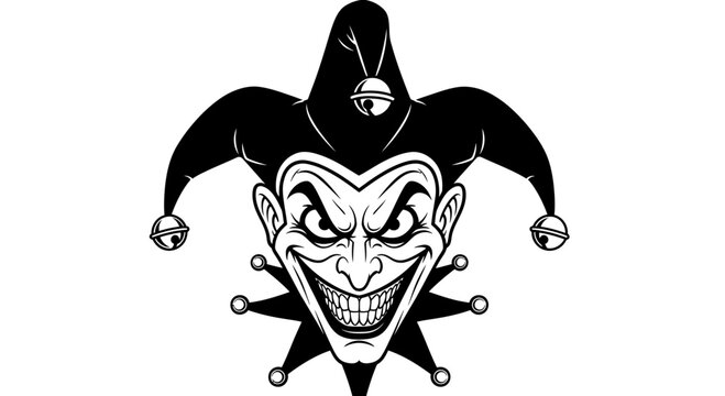 A menacing jester's face illustration with a wide grin and sharp eyes