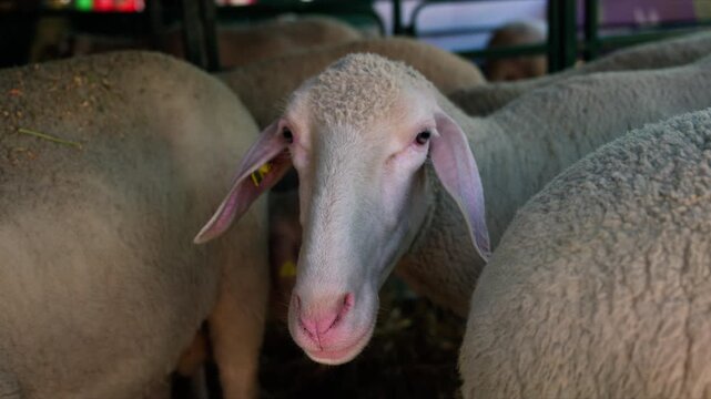Curious ewe peering between other sheep in a barn pen on a rural farm, 4K