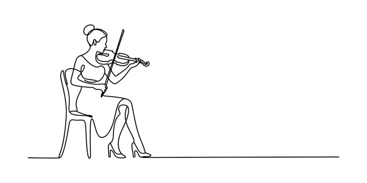 A continuous single line drawing of a woman sitting on a chair and playing the violin with elegance and grace in a simple minimalist style art Vector, illustration