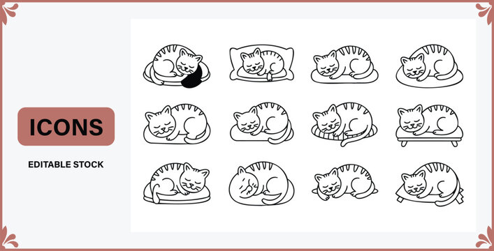 A collection of simple line art illustrations depicting adorable cartoon cats sleeping peacefully on various cozy bedding and cushions