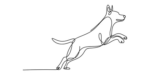 A continuous single line drawing of a happy dog jumping and playing around with a simple minimalist style for modern home decor and art projects Vector, illustration © Continues One Line D