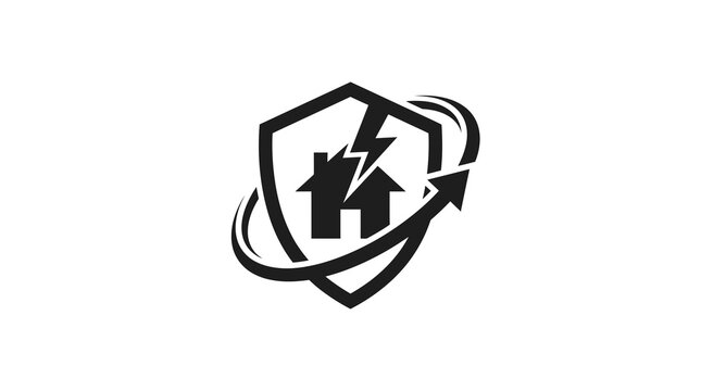 Home security shield logo with circular arrows modern vector graphic for protection services