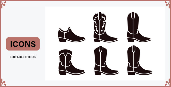 Collection of cowboy boot icons showcasing various styles from ankle boots to tall boots with decorative stitching detail