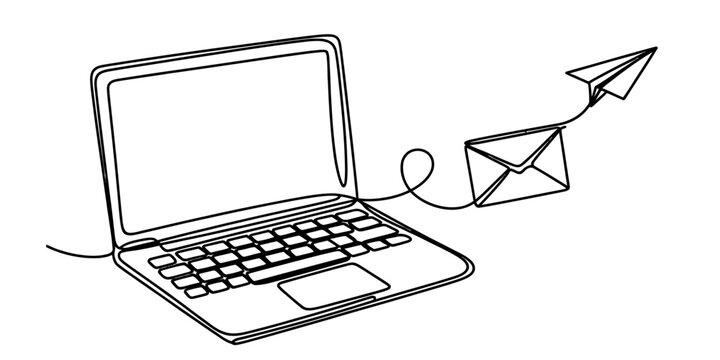 Continuous single line drawing of a laptop computer with an envelope and a paper airplane showing digital communication and internet messaging concept Vector, illustration