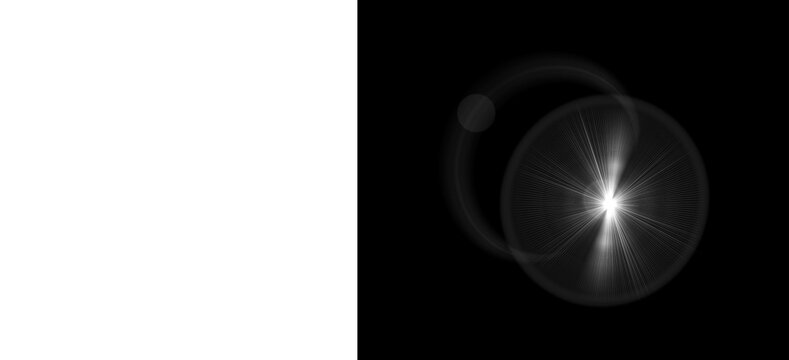 Optical lens flare with bright white starburst, glowing light effect on black background, cinematic sun flare overlay for photo editing