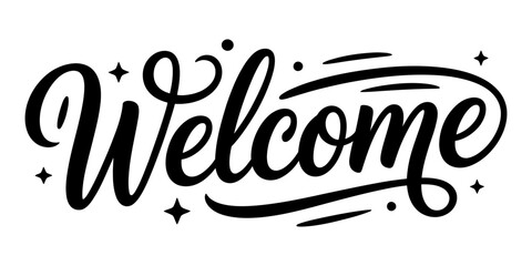 Welcome hand lettering calligraphy word sign with decorative stars and swirls for elegant greeting cards and posters design element illustration Vector, illustration © Rimi Kailash Arts