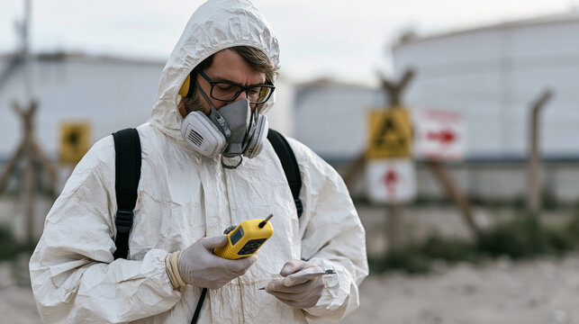 Industrial hygienist in chemical splash suit and nitrile gloves collecting air quality samples near chemical storage tank farm, portable gas analyzer in hand, emergency response signage and wind dir