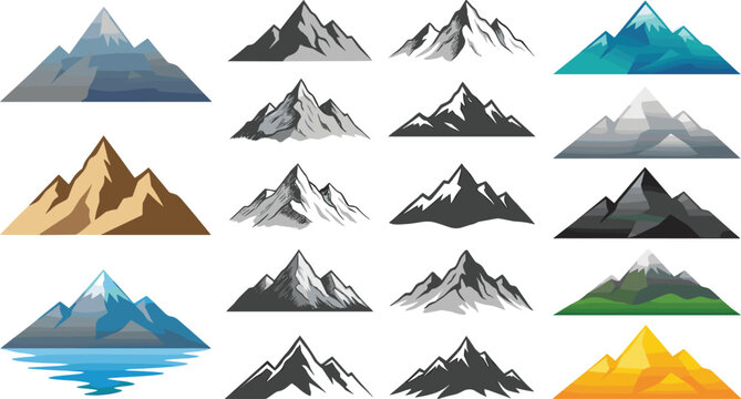 Mountain Peak Vector Icon Set Featuring Snowy Ridges Outdoor Adventure Badges Geometric Landforms and Nature Elements for Travel Logo Designs