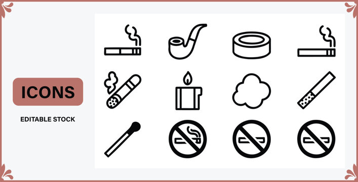Collection of simple linear icons representing various smokingrelated items including cigarettes pipes matches and no smoking signs