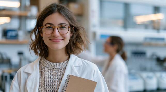 Graduate student arriving for first day at research university laboratory, clutching new lab notebook and pipette case, peer researcher pointing toward equipment storage wall, centrifuges and safety