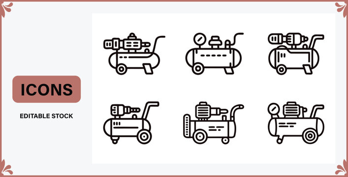 Collection of six distinct linear icons depicting various types of portable air compressors for different industrial and domestic applications