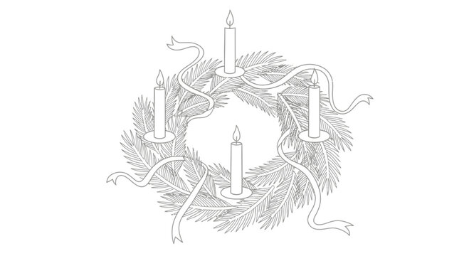 Advent wreath line art with four candles and festive ribbons