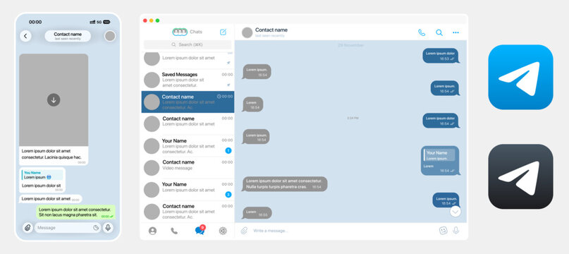 Telegram Web Desktop and mobile app 2026 update UI in dark and light mode, shown on MacBook Pro and iMac as clean vector designs with transparent background