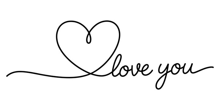 Continuous single line drawing of a heart shape with the phrase i love you written in a elegant cursive handwritten script for romantic greeting cards Vector, illustration