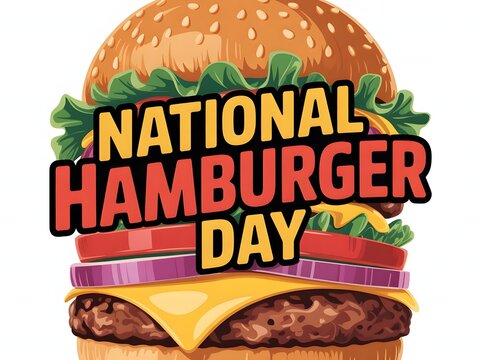 National hamburger day text with a delicious burger illustration isolated on white background