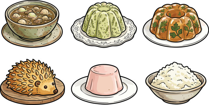 Mid-Century Retro Buffet Food Clipart Set Featuring Hedgehog Cake, Savory Aspic Jelly Molds, Vegetable Asparagus Mousse, Meatball Soup, and Blancmange Pudding Vectors