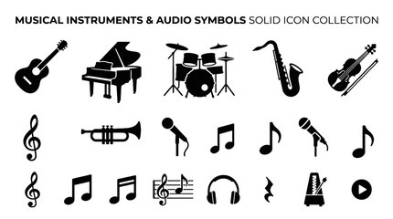 Musical instruments solid icon set featuring guitar piano drum saxophone and music equipment collection design © B