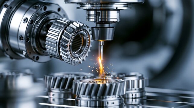 Closeup of a CNC machine precisely cutting transmission parts showcasing detailed metal shaping and hightech industrial automation.