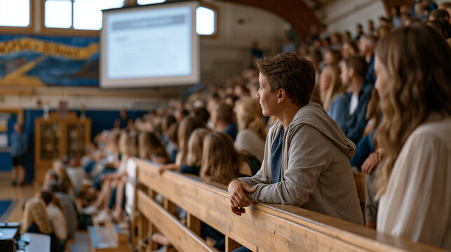 Back-to-school night event at elementary school gymnasium, parents filling bleachers while principal presents curriculum overview on projection screen, hand-painted school banner and trophy case vis