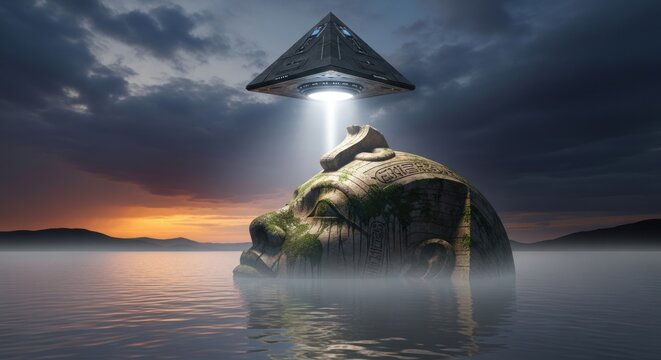 Mysterious ancient statue illuminated by an alien craft over water at sunset