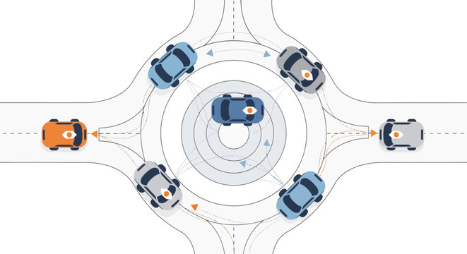Autonomous Vehicle Traffic Management Concept Illustration with Self-Driving Cars Navigating a Roundabout using Smart Sensors and Path Tracking Technology