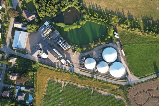 biogas production, biogas plants, bioenergy,aerial panorama landscape view of bio gas production facility and powerplant,European energy crisis,green renewable energy in Europe