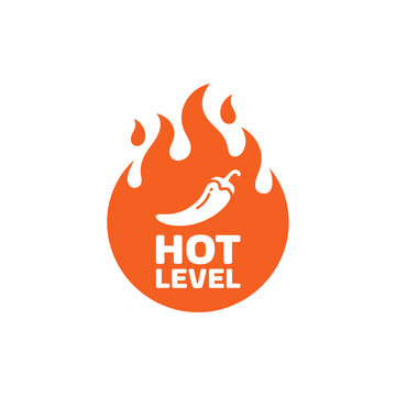 Hot level sign with chili pepper and flames orange icon