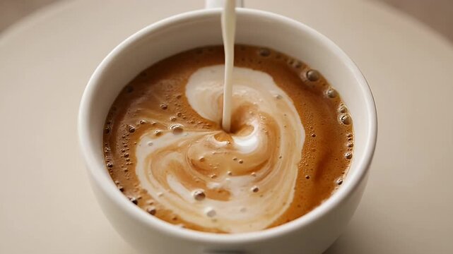 Creamy milk pouring into coffee cup, hot latte preparation, espresso foam