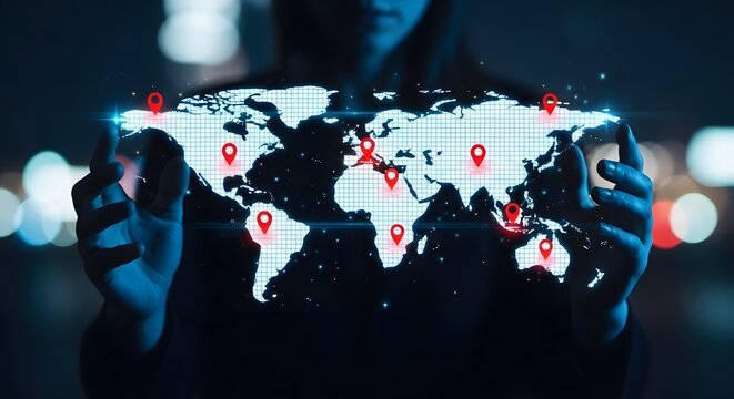 A person holding a holographic world map with location pins for the concept of global connectivity and technology.