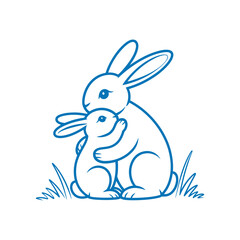 Obraz premium rabbit family line drawing with baby bunny blue on white