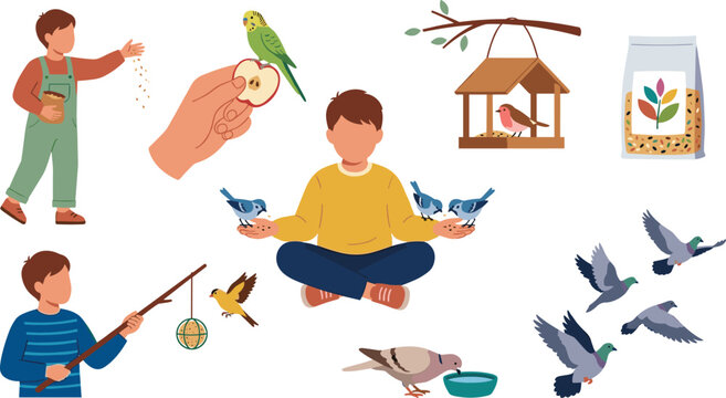Bird Feeding and Wildlife Care Vector Collection Featuring Pet Feeding, Birdwatching, Backyard Birds, and Nature Interaction Illustrations