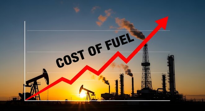 Rising cost of fuel shown with a graph and oil industry background.