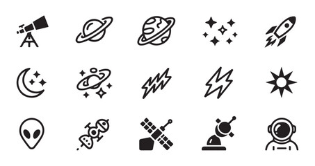 Set of astronomy and outer space icons with rocket ships satellites planets stars and telescope gadgets. © Farik