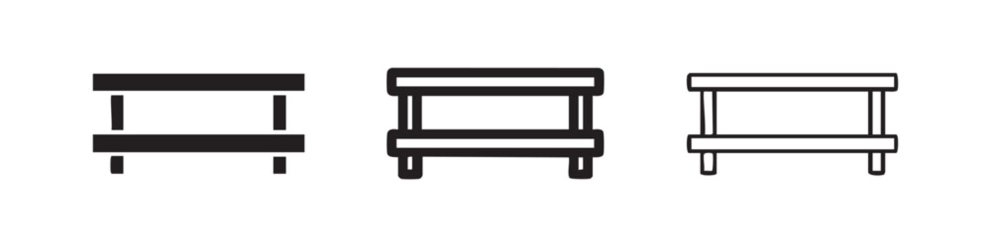 Set of three simple bench or stool icons in solid, bold outline, and thin outline styles, representing furniture.