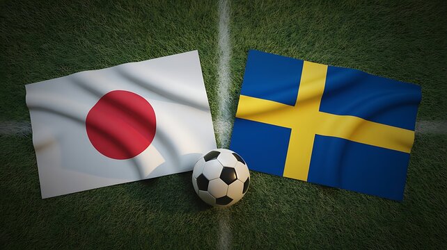 Japan and Sweden national flags with soccer ball on grass field, sports competition concept