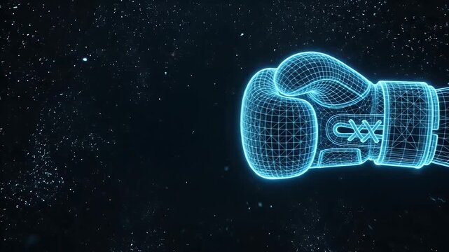 Futuristic Wireframe Boxing Glove Impact Effect - A vibrant, glowing blue wireframe boxing glove is digitally video against a dark, dynamic background filled with bright, sparkling particles.