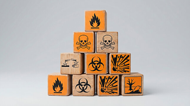 Hazard warning symbols on wooden blocks stacked in a pyramid for the concept of dangerous goods and safety.