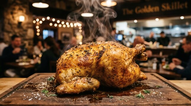 Golden roasted whole chicken on wooden cutting board in rustic kitchen setting with blurred background perfect for National Rotisserie Chicken Day